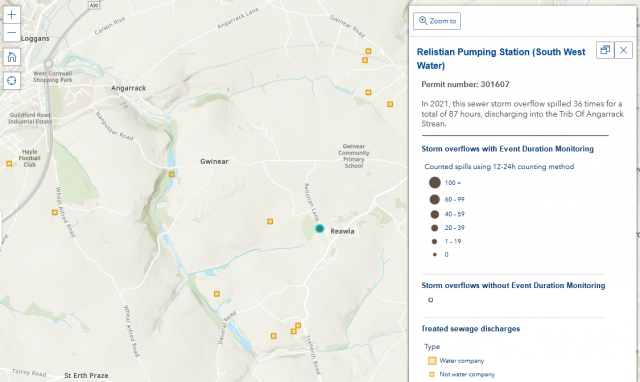 2021 - 36 spills for 87 hours into tributary of Angarrack Stream: Relistian Pumping Station permit 301607 South West Water